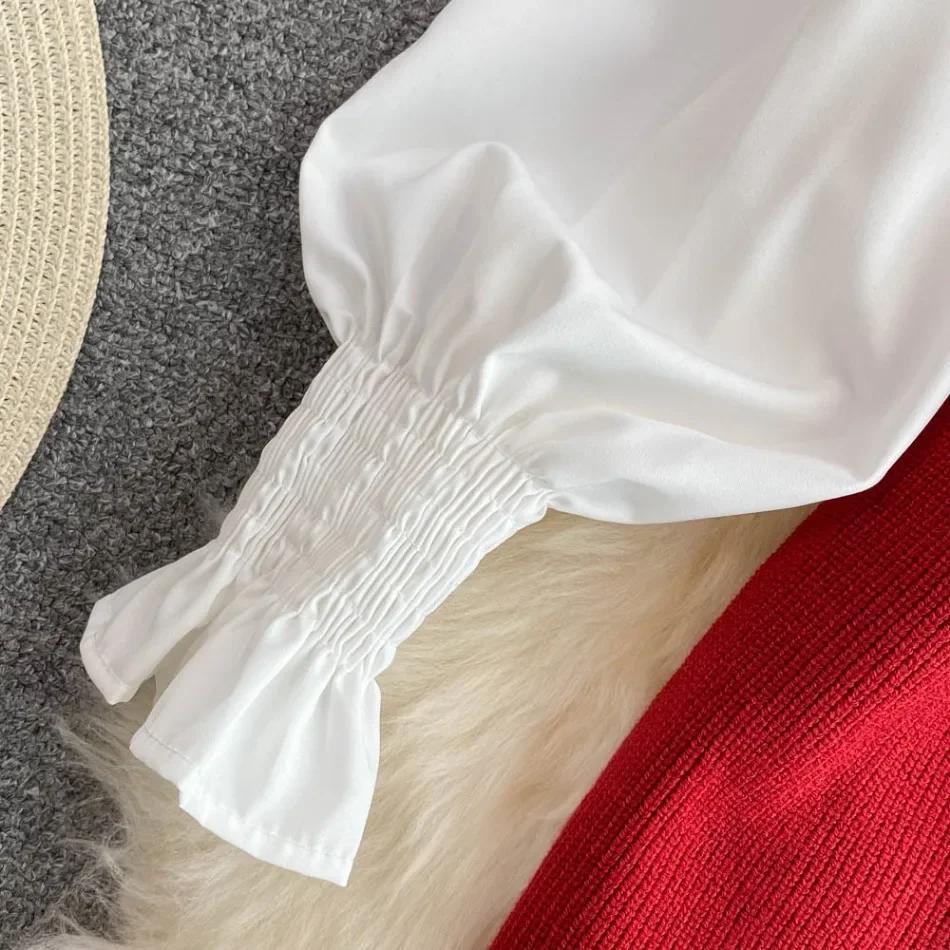 Modă Nouă Coreeană Doamnă de Birou Rever Mâneci Felinar Cămașă Albă + Vestă Tricotată cu Gât în V Set Casual Două Piese Haine Femei