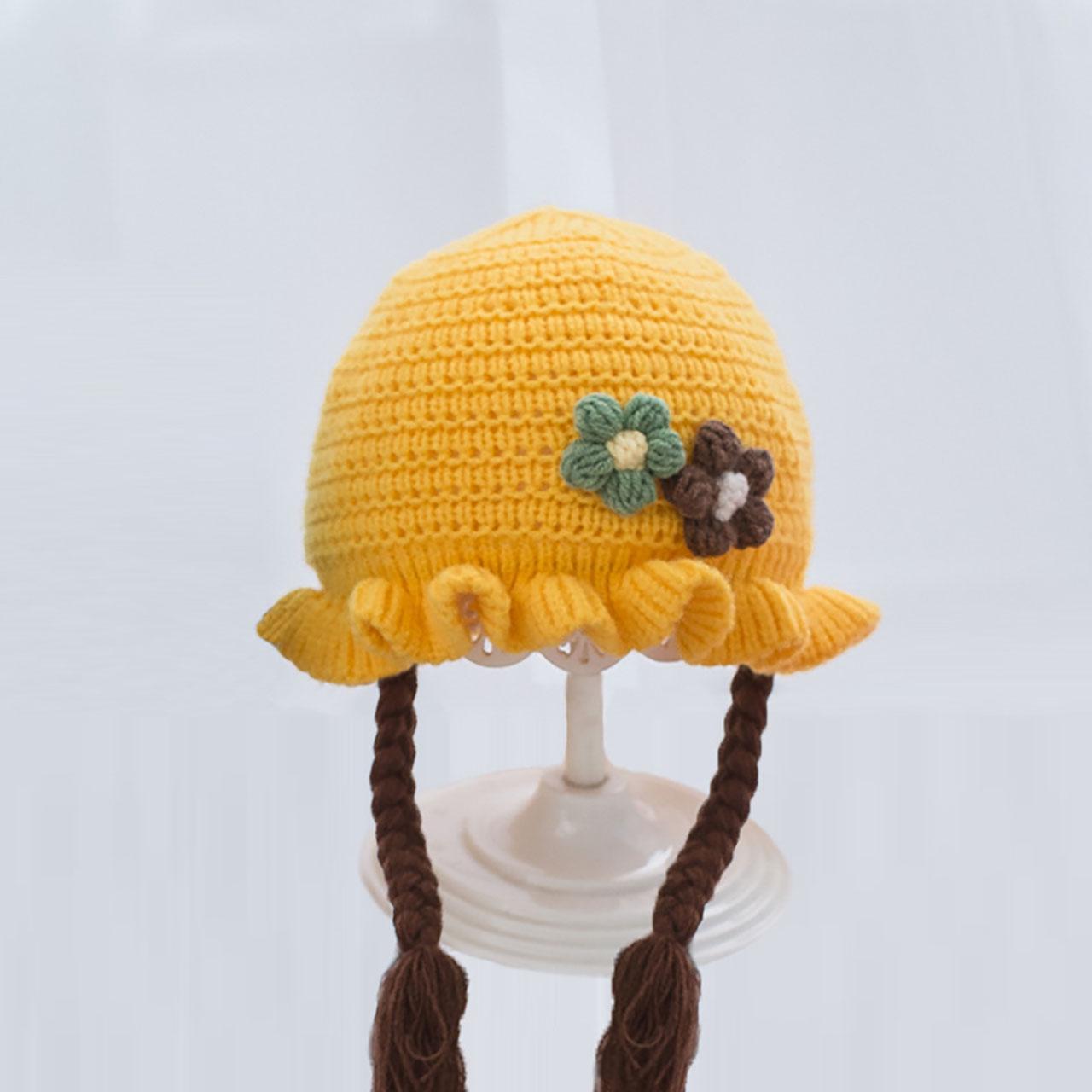 

Baby Knitted Braid Hat Household Cute Crochet Flower Beanie for Toddlers Winter Warm Woolen Bonnet for 3-24 Month Ear Flap Cap 44-48cm жовтий