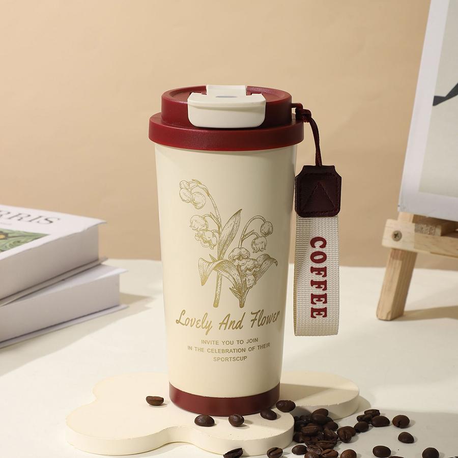 Stainless Steel Thermos 500ml Double-Wall Vacuum Stainless Steel Tumbler Floral Art Print Coffee Mug Leakproof Travel Cup