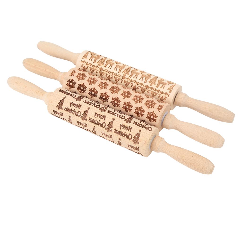 3Pcs Wooden Embossed Rolling Pin Cute Christmas Pattern Engraved Embossing Rolling Pin for Baking