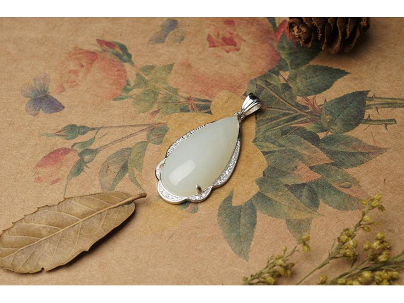 Sterling Silver Teardrop Hetian Jade Pendant Charm with Certificate - New Chinese Style, 925 Silver