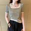 Black and White Ice Silk Striped Knitted Shirt Short Sleeved T-shirt for Women's Summer Front Shoulder Thin Square Neck Short Top