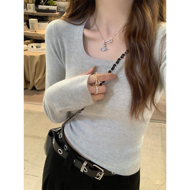 Early Autumn New Long-sleeved Knitted Sweater Women's Slim-fitting Inner Square-necked Bottoming Shirt Autumn and Winter High-end Low-necked Top