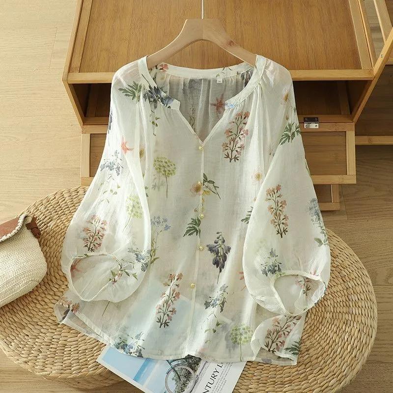 Women's New Spliced Pullover V-Neck Button Print Fashion Loose Versatile Casual Shirts