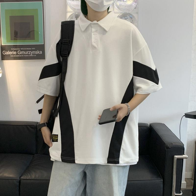 

Корейский пэчворк Молодежный стиль Футболки Мода Повседневный Свободный Пуговицы Мужская одежда Пуловеры Отложной воротник Весна Лето Мужчина L белый