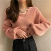 Women's Fashionable Square Neck Knitted Top - Spring/Autumn Design, Short, Versatile, with Bubble Sleeves and a Faux Two-Piece Look.