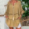 Women's Plus Size Solid Cotton And Linen Hollow Out V-neck Pullover Tops Shirt