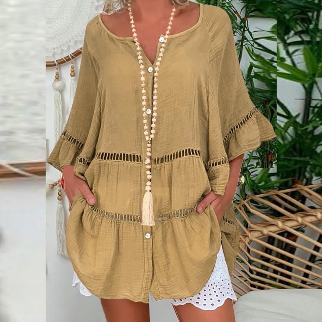 Women's Plus Size Solid Cotton And Linen Hollow Out V-neck Pullover Tops Shirt