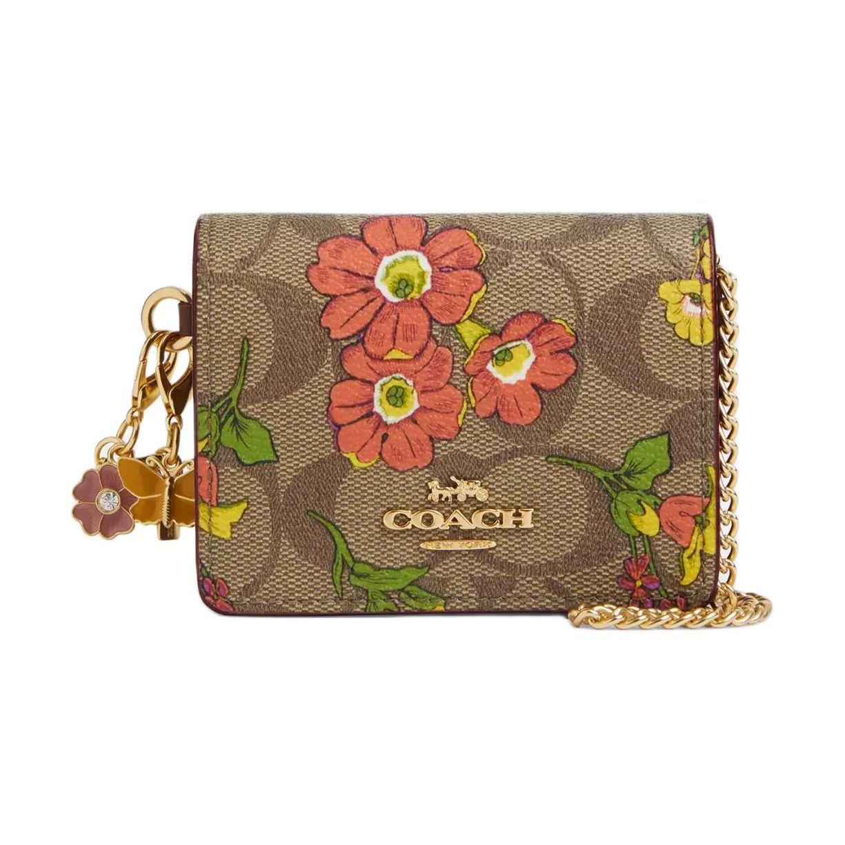 Coach Boxed 10 Floral Print Chain Shoulder Strap Signature Canvas Crossbody Wallet Women wallet Gold Khaki Multicolor CR949-IME7V Gold & Khaki & Multicolor