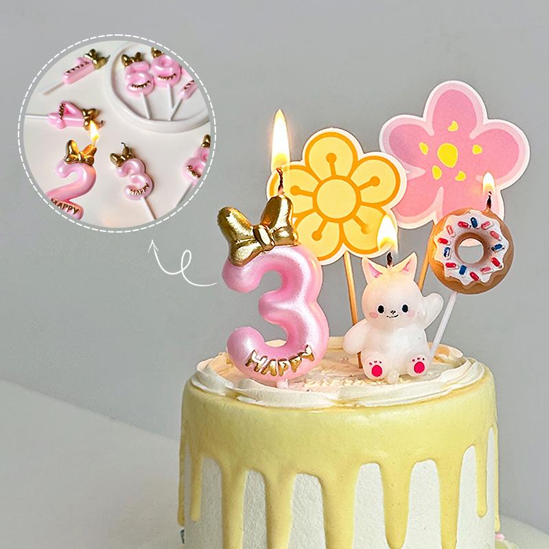 Gold Pink Bow Number Candles Birthday Candle Cake Decoration Digital 0-9 Cake Topper Decor Baby Shower Anniversary Day Decor
