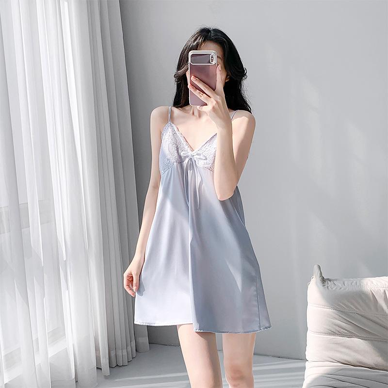 1011 new ice silk suspender nightdress two-piece set with chest pad lace lace sexy pajamas women
