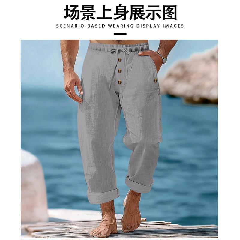 Men Solid Color Linen Loose Drawstring Button Casual Long Pants