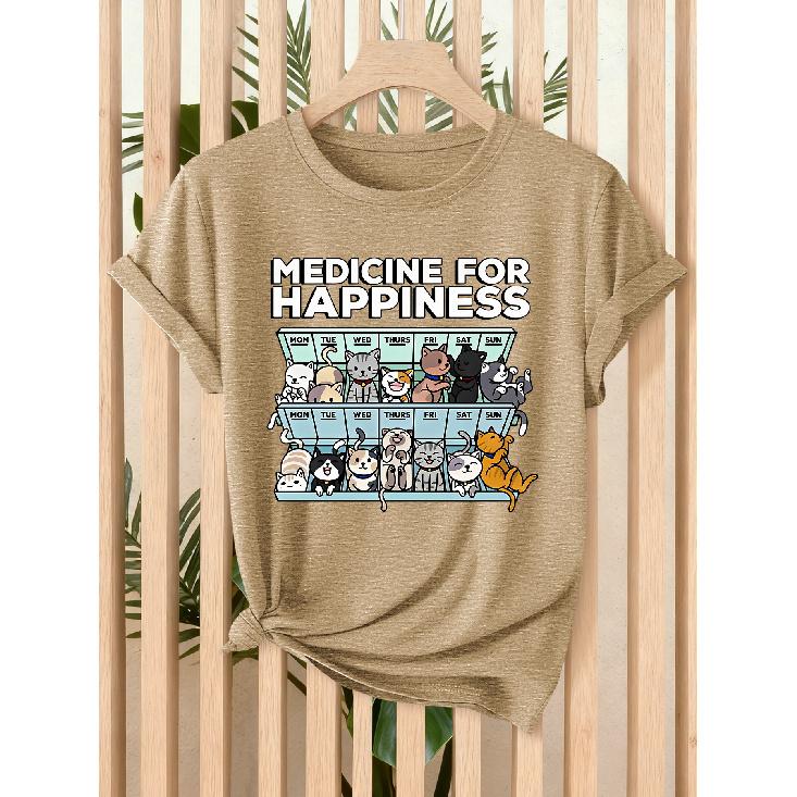 Women's Summer Tops | “Happiness Pill” Cat Calendar with Fun Cartoon Prints for Women T Shirt | Fun cartoon-style loose-fitting round-neck