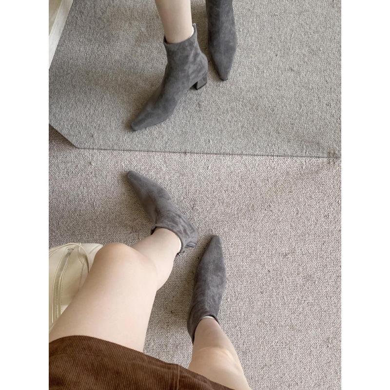 2025 autumn new square head thick heel high heel temperament French fashion suede sexy beautiful women short boots
