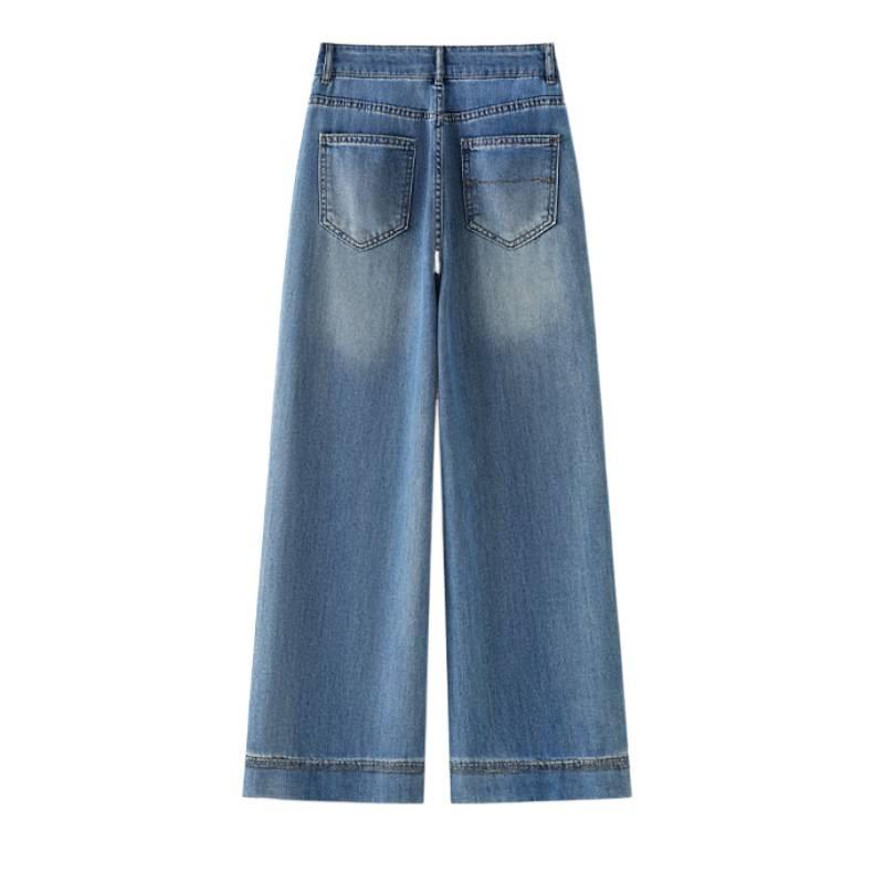 Blue high-waisted denim wide-leg pants women's autumn new loose-fitting meat-covering and thin versatile straight-leg pants spring and autumn