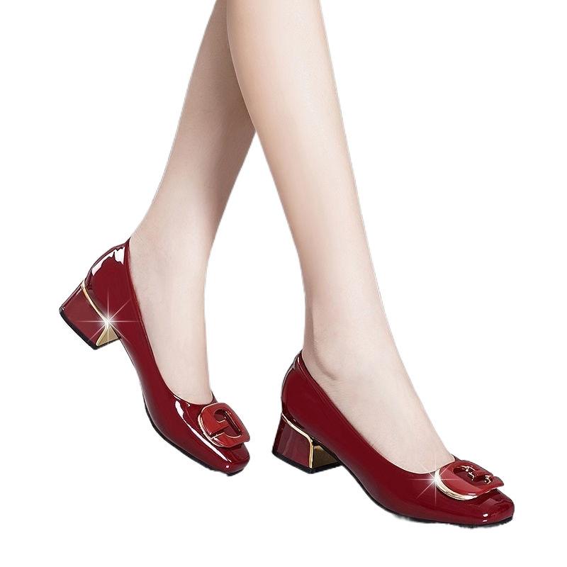 Leather women's shoes round head single shoes women's thick heel four seasons new patent leather bright leather wide foot soft leather loafers mot