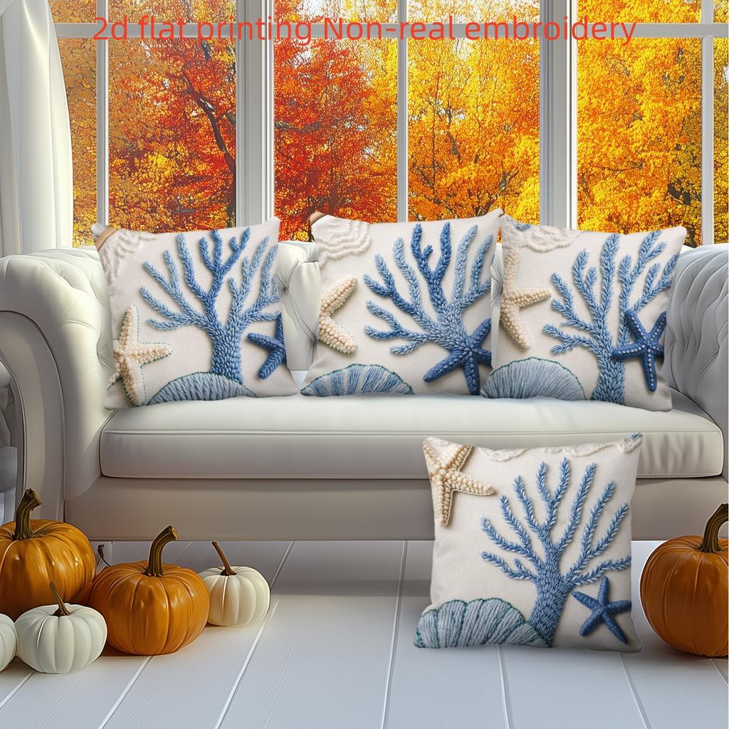 1/4pcs Coastal Ocean Themed Throw Pillow Covers Blue Coral Starfish Decorative Pillowcases for Home Living Room Bedroom Sofa