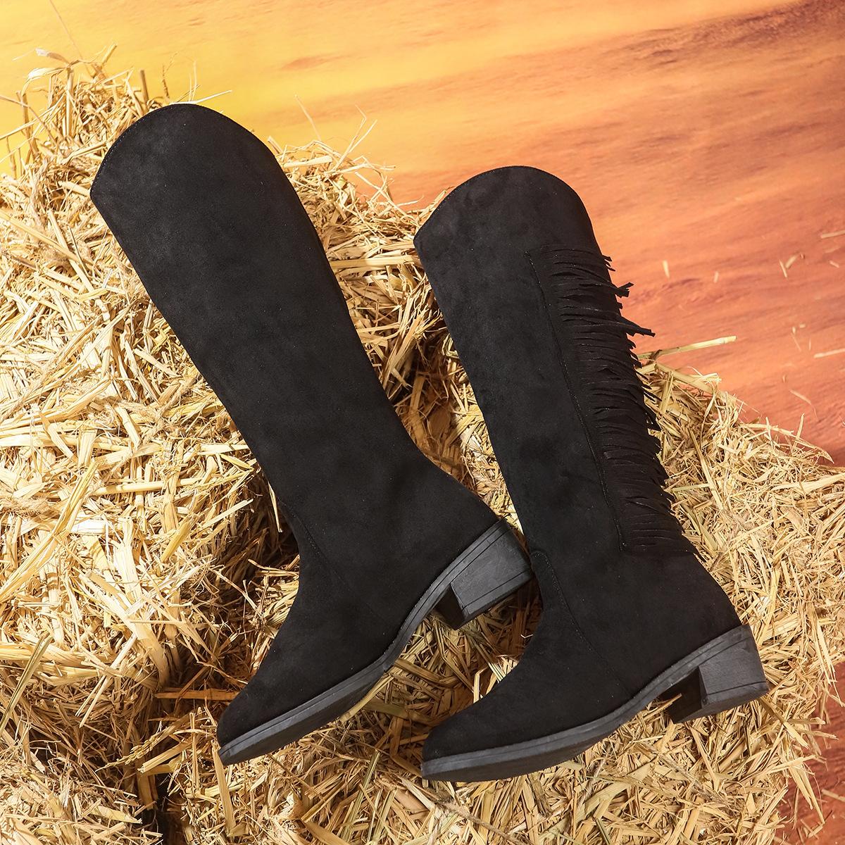 

Suede long tube fringed boots New pointed low heel versatile fringed boots 36 чорний