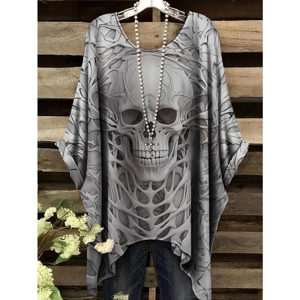 Women's T-Shirt Gothic Style Bohemian Skull Print Loose Irregular Hemline O-Neck Short Sleeved Shirt Oversized Summer Clothes