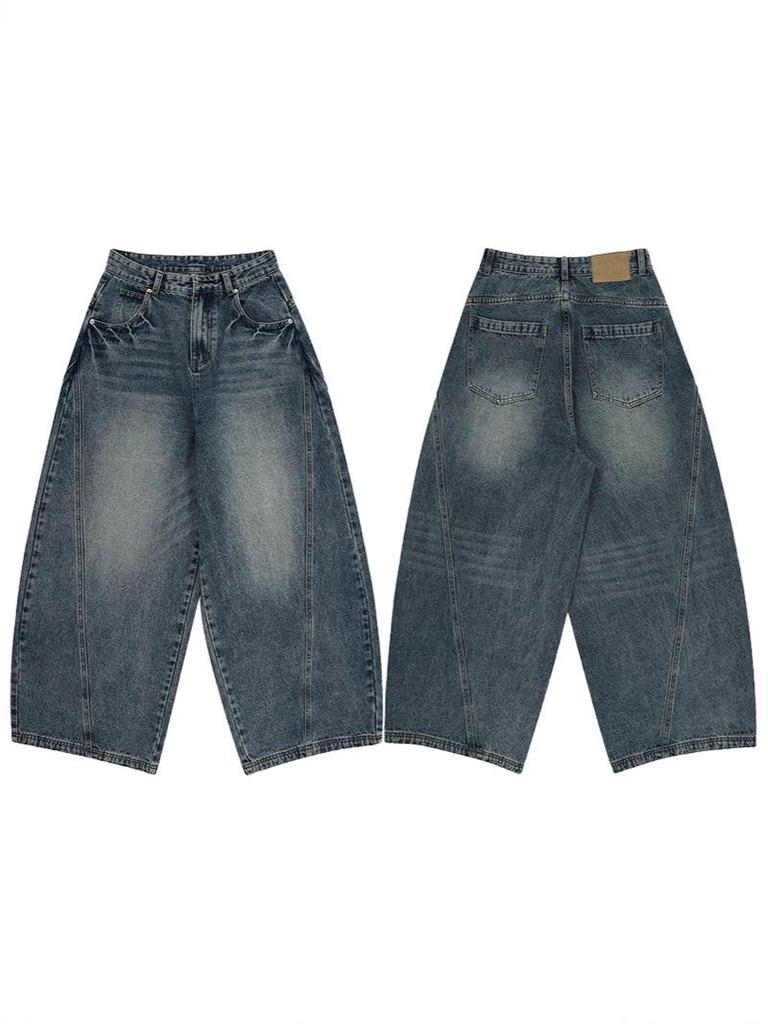 LKTM Unisex Amerykańskie Retro Niebieskie Spodnie Dżinsowe Baggy z Tie-Dye i Zakrzywioną Nogawką