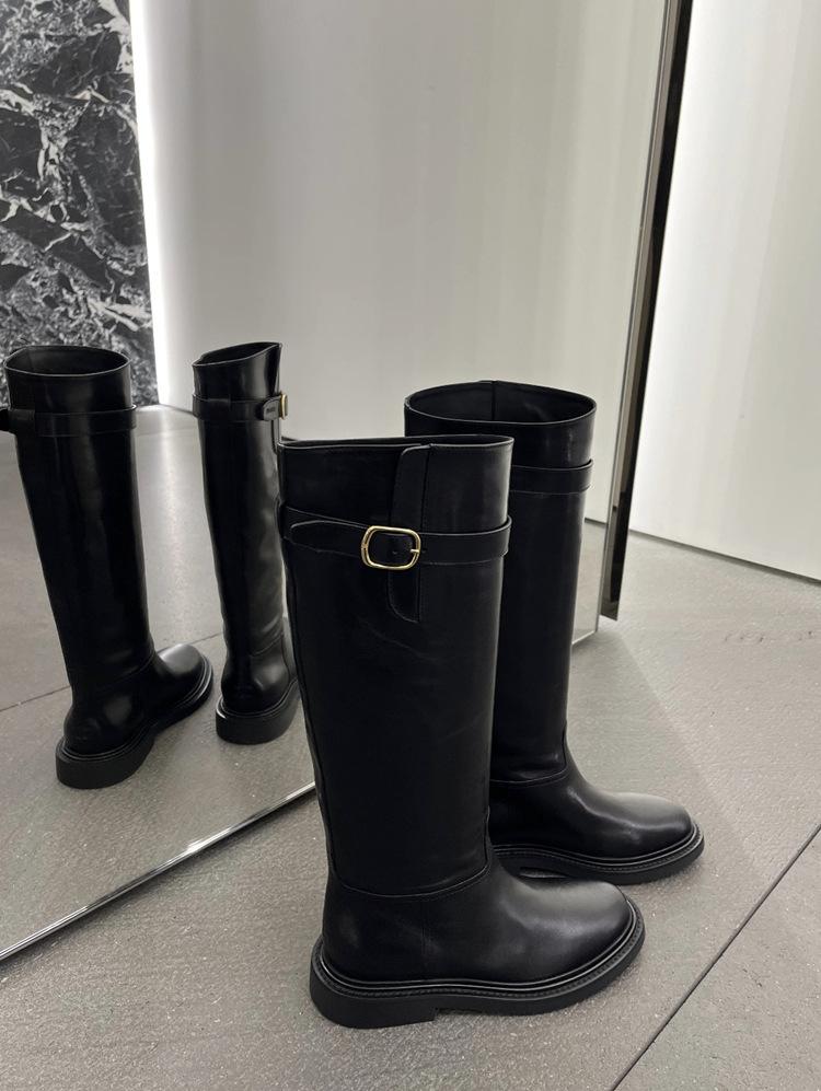 Cowhide version~ 2025 new retro leather metal buckle thick heel boots women's small but knee sleeve women's boots