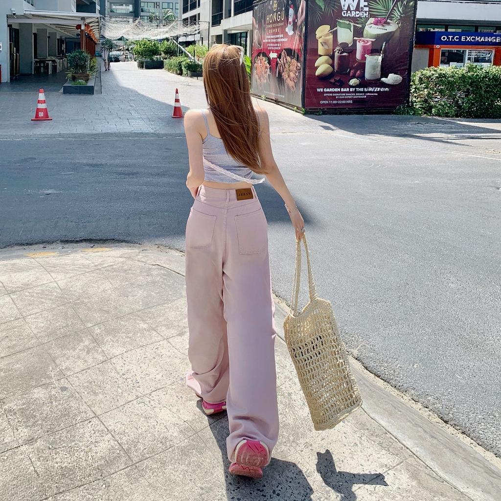 Early Spring Vintage High Waist Pink Saber Cut Relax Wide Leg Denim Pants For Ladies Casual Pants Oversize Denim Trousers