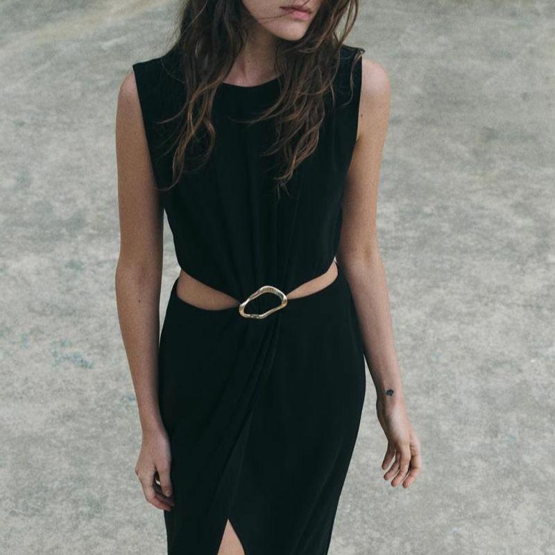 Spring New Women Opening Design Buckle Decoration Black Sleeveless Long Dress 2298176 5029167