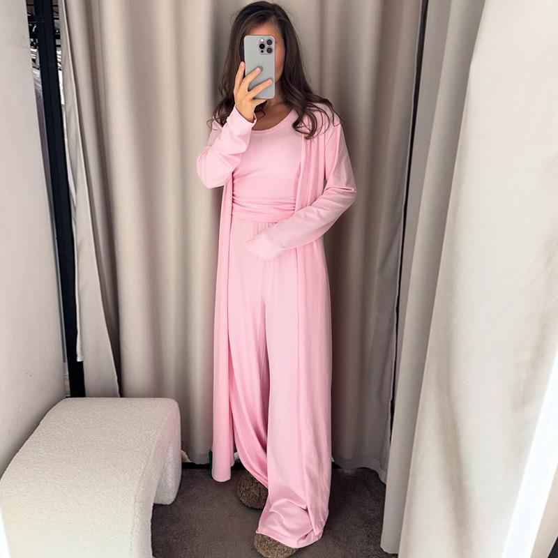 Women's Loose Fit Three Piece Co-ord Set Long Sleeve Tank Top Cardigan Elastic Waist Wide Leg Pants Tracksuit