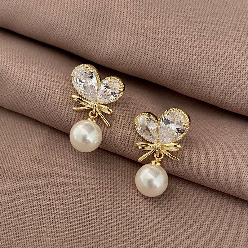 \nDelicate French Zircon Heart Stud Earrings with Bow, Pearl Tassels In 925 Silver for Women