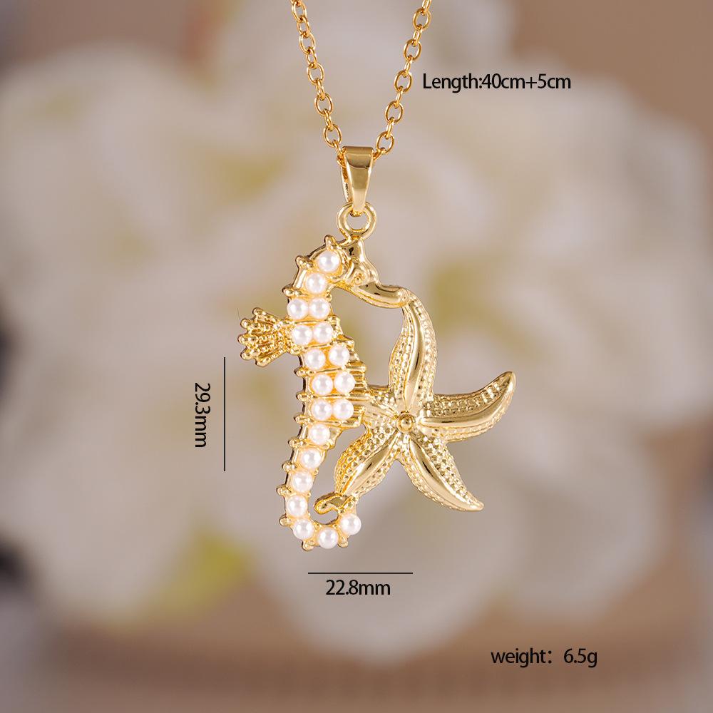 Creative Imitation Pearl Zircon Seahorse Starfish Pendant Necklace Stainless Steel Chain Jewelry Gifts for Women Teen Girls