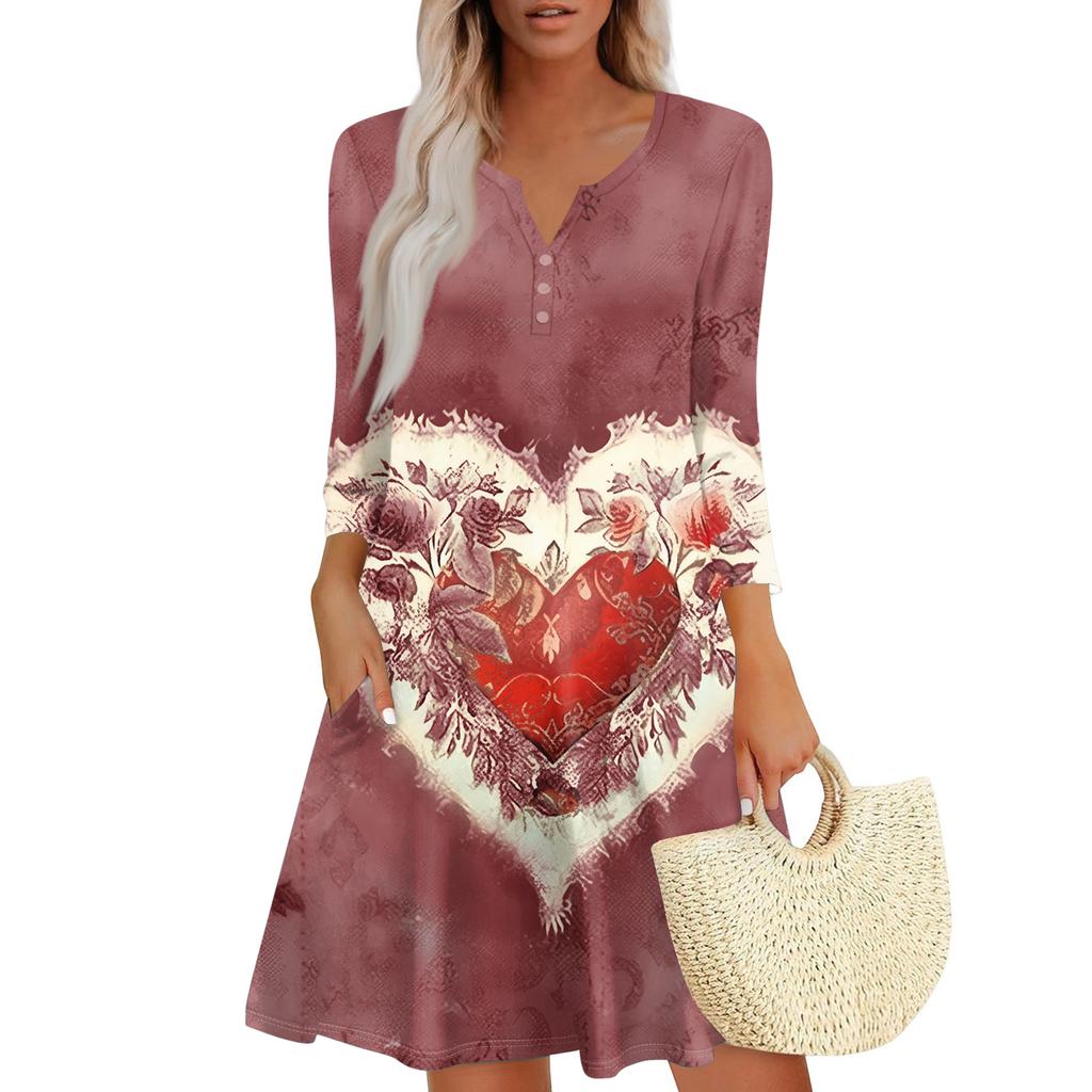 Damenkleid Locker V-Ausschnitt Dreiviertelarm Mit Taschen Kleid