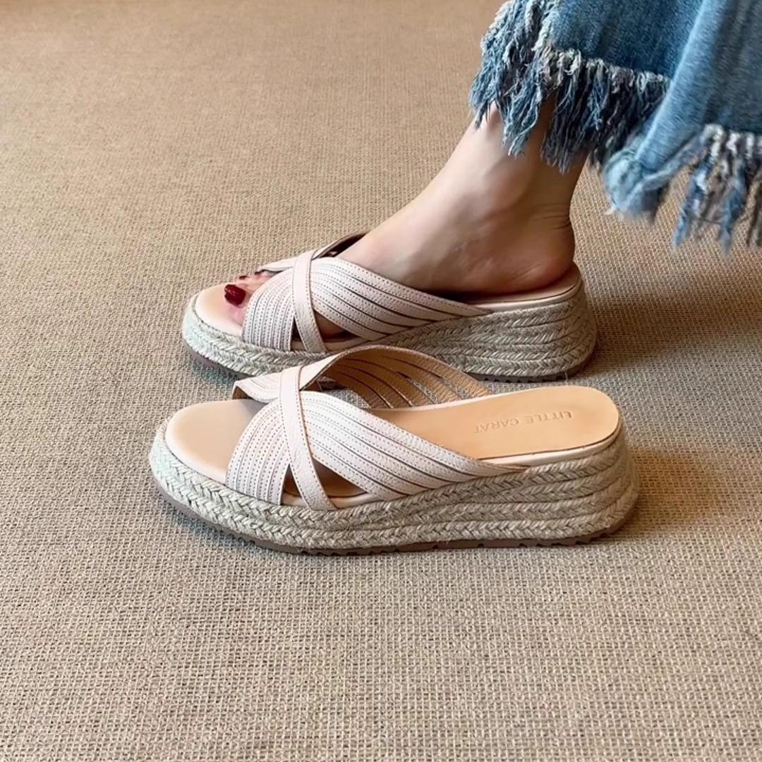 

Sheepskin version~ French retro open-toed platform-soled wedge-heeled sandals for women s summer height-increasing outer wear leather cross-strap 40
