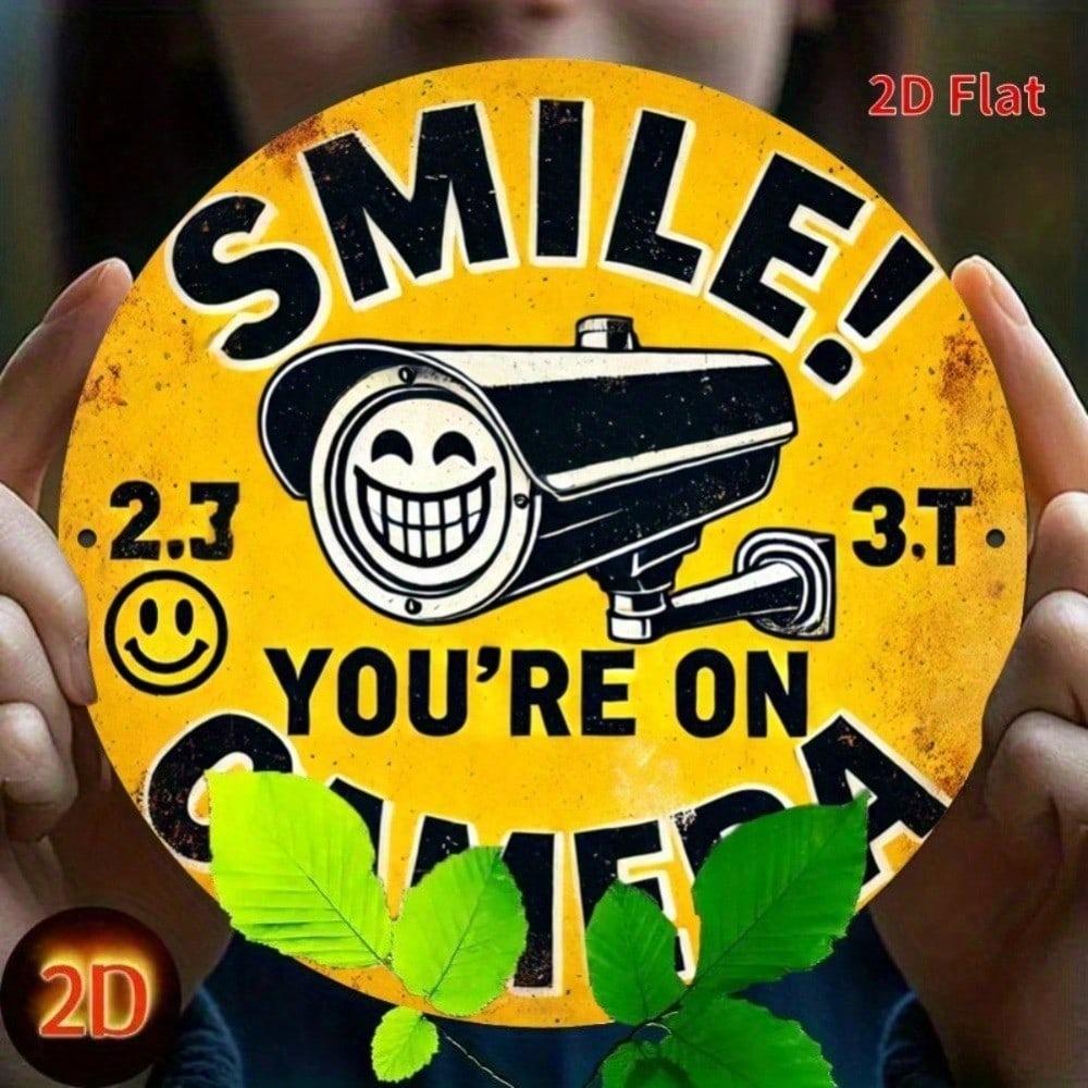 2D Flat Metal Sign Smile Youre On Camera Retro Tin Sign Yellow Round Metal Plate for Bar Home Wall Decor