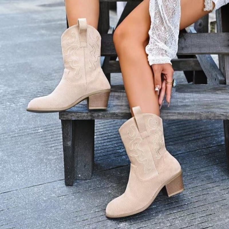 Botas Vaqueras de Punta Ancha para Mujer, Botines de Cuero Western con Tacón Grueso, Botines de Moda Vintage sin Cordones para Mujer