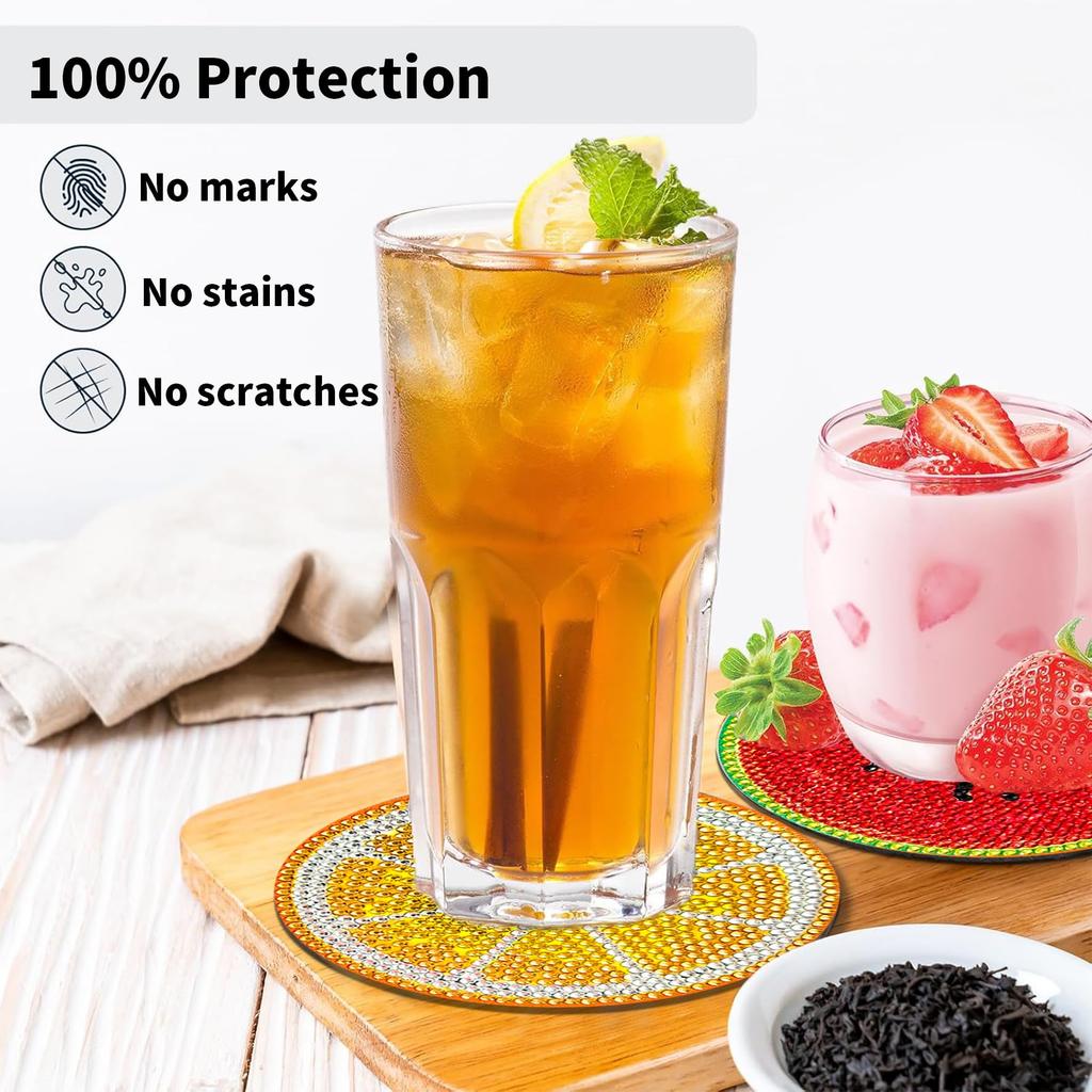 Reofrey Diamond Art Coasters, Round Fruit Shape, 6-Piece Diamond Art Kit with Cork Coasters, DIY Diamond Beads for Beginners and Adults, with Holder,