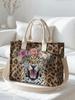 Leopard Print & Floral Leopard Head Corduroy Tote Bag Large Capacity Multi Pocket Animal Print Commuter Shoulder Bag