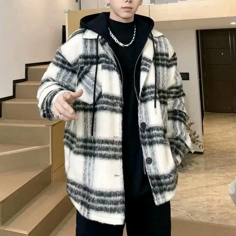 Loose-Fit Hooded American Retro Plaid Wool Coat for Teens - Trendy Spring/Autumn Style M чёрный