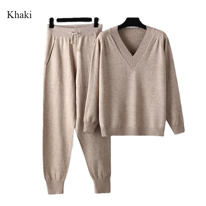 Autumn and Winter New Sweater Harlan Pant Suit Casual Jumper Women's Thick Warm Fashion Solid Color Knitwear