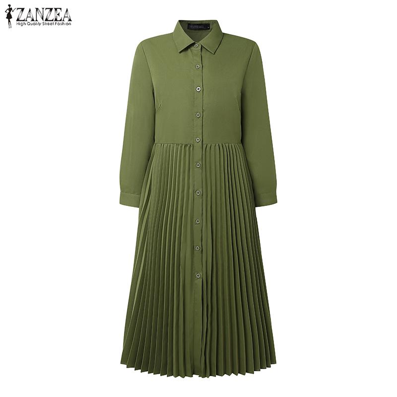 ZANZEA Damen Klassischer Kragen Freizeit 3/4 Ärmel Faltenkleid