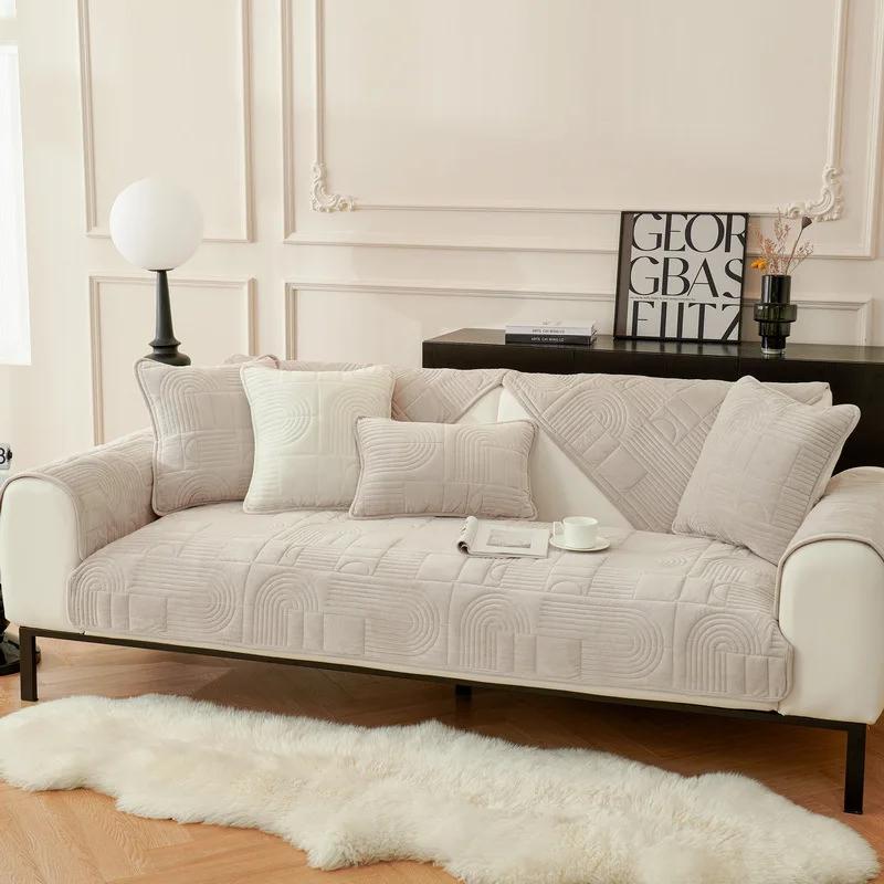 Winter New Embroidered Plush Cushion Sofa Cushion Modern Thickened Non-Slip Warm Sofa Cushion Simplicity Backrest Handrail Towel