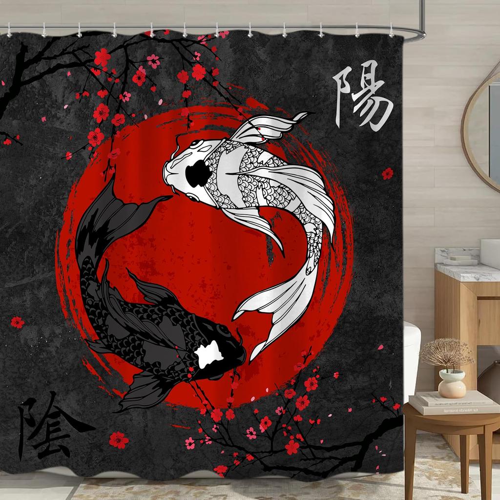 Black And Red Yin Yang Shower Curtain, Japanese Anime Koi Fish Asian Art Decor, Cool Artistic Waterproof Washable