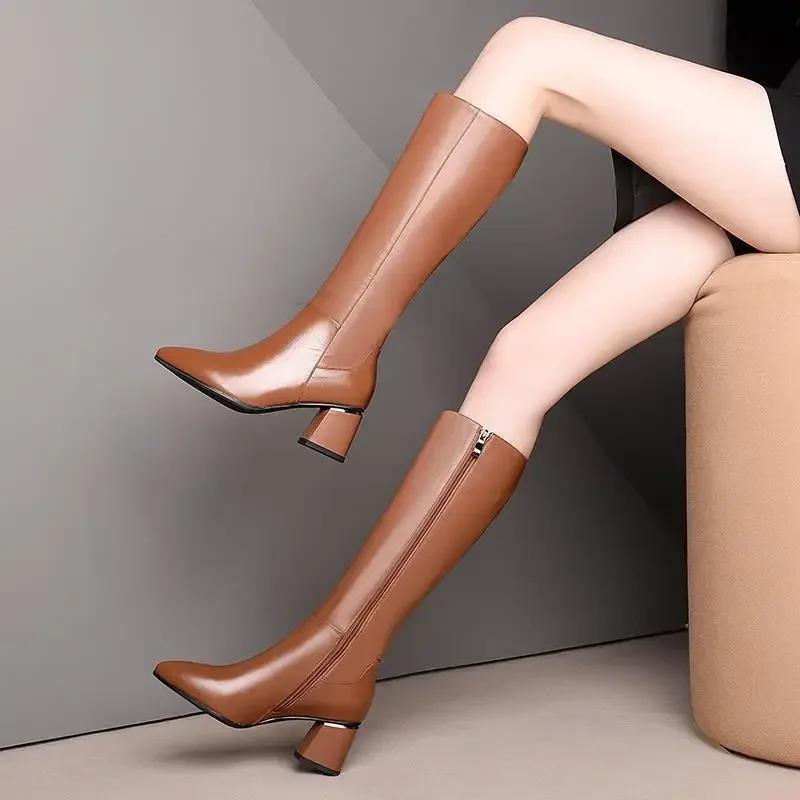 Fashion Women's Knee High Boots Fashion Pointed Toe Thick Heel Long Boots Autumn/Winter Ladies Elegant Side Zippers High Heel Shoes
