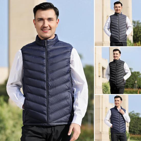 Men Cotton Vest Stand Collar Sleeveless Zipper Closure Thermal Jacket with Pockets Solid Color Winter Waistcoat