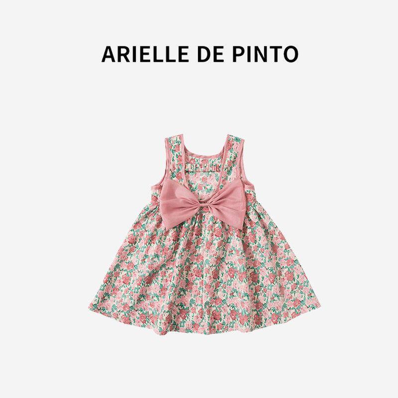 French Arielle De Pinto Girls  Backless Bow Floral Dress Summer Trendy Stylish Dress Pink 140cm