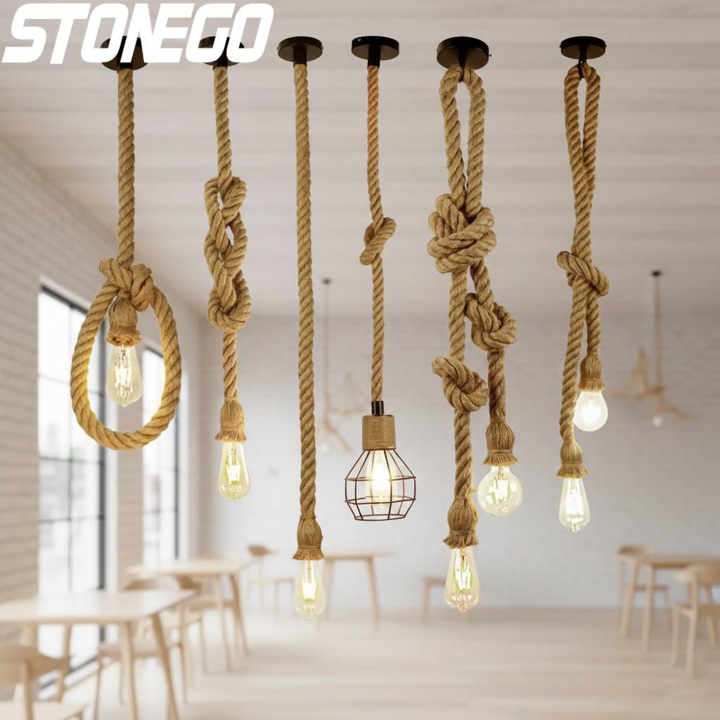 Retro Industrial Style Hemp Rope Chandelier for Restaurants Cafes Bars Shops Vintage Decorative Lighting