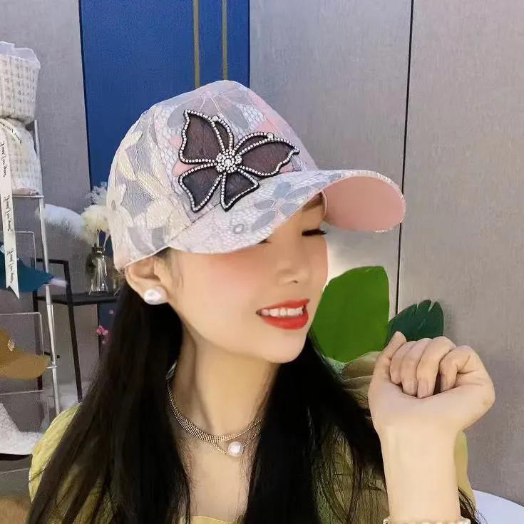 WTEMP Summer Female Butterfly Lace Rhinestone Breathable Sunscreen Baseball Cap Mesh Solid Color Fashion Versatile Caps