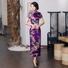 Peacock Print Women Chinese Long Cheongsam Bridesmaid Short Sleeve Evening Dress