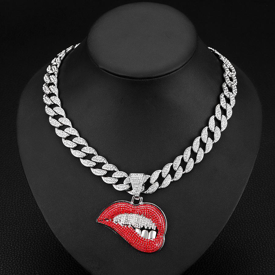 Men's Trendy Cuban Chain: Full Diamond Red Lip Pendant Necklace