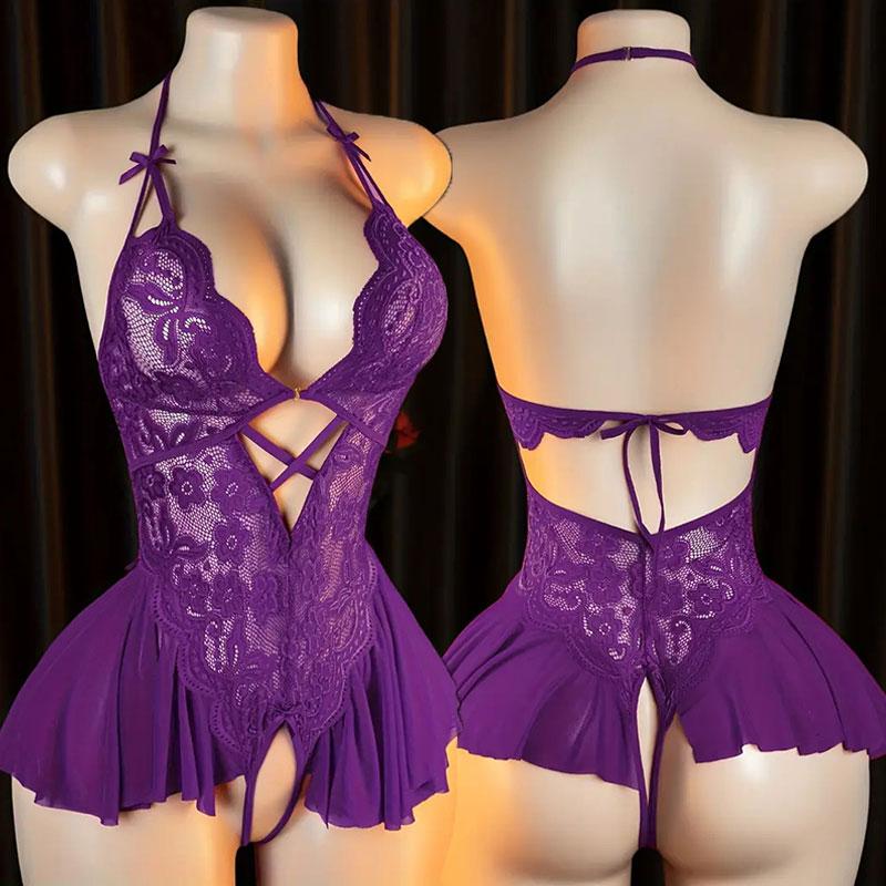 Black Hanging Neck Women Lingerie Sexy Backless Adjustable Straps Hot Costume Porn Crotchless One Piece Underwear Lace Bodysuit