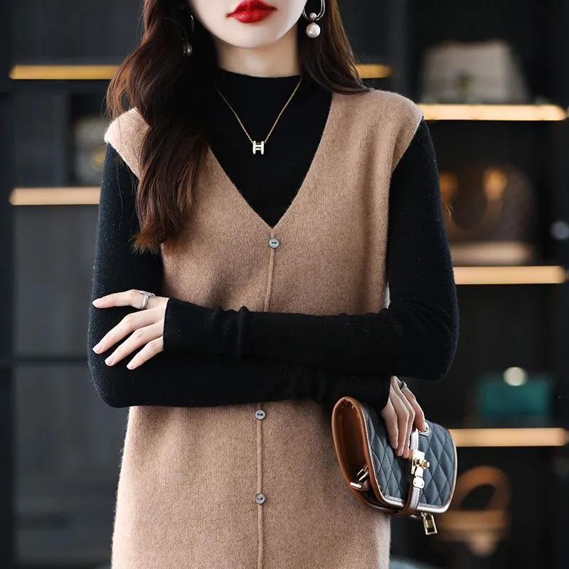 Women Medium To Long Knitted Knee Length Vest Autumn Sleeveless  Solid Skirt